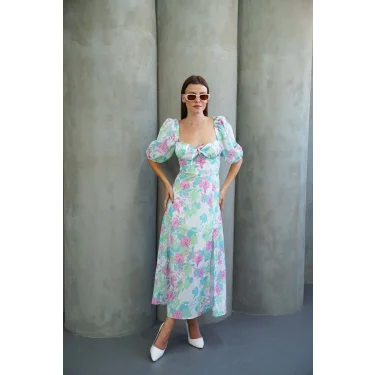 Kadın Çiçek Desnli Karpuz Kollu Yırtmaçlı Midi Elbise