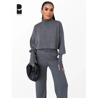 Kadın Kışlık Balıkçı Yaka Geniş Paça Antrasit Triko Takım