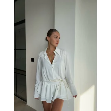 Kadın Beyaz Gömlek Yaka Volanlı Pileli Mini Elbise