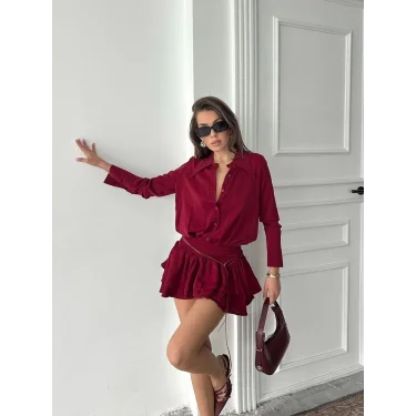 Kadın Bordo Gömlek Yaka Volanlı Pileli Mini Elbise