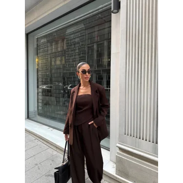 Kadın Ceket Straplez Bluz ve Palazzo Pantolon 3lü Takım