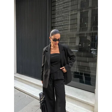 Kadın Ceket Straplez Bluz ve Palazzo Pantolon 3lü Takım