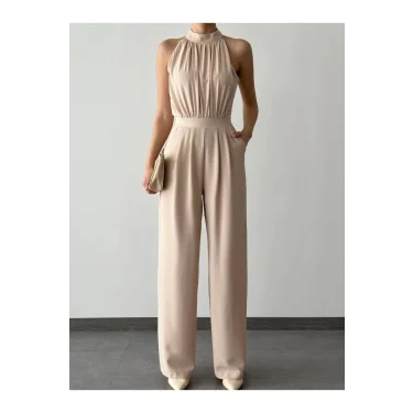 Kadın Halter Yaka Krep Kumaş Tulum