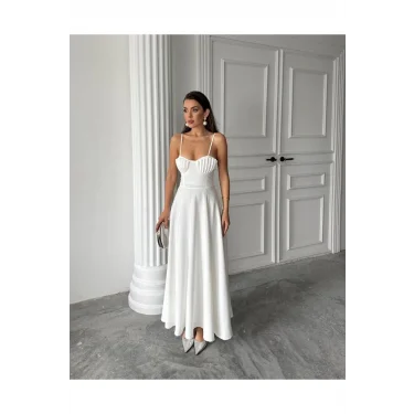 Kadın İstiridye Göğüs Detaylı Uzun Askılı Elbise