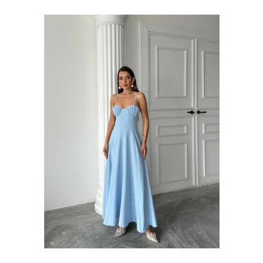 Kadın İstiridye Göğüs Detaylı Uzun Askılı Elbise