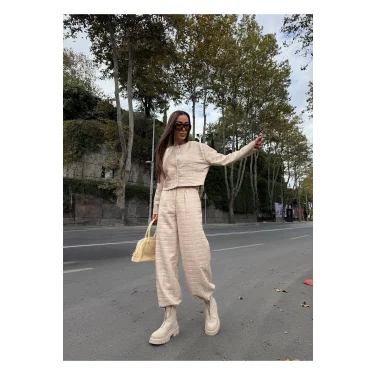 Kadın Kapitone Dokulu Oversize Ceket Pantolon Takım