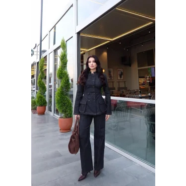 Kadın Koyu Kot Bel Oturtmalı Düğmeli Ceket Pantolon Takım