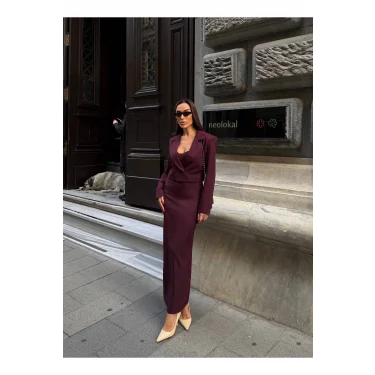 Kadın Kruvaze Detaylı Sırt Çapraz Askılı Elbise Ceket Takımı