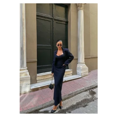 Kadın Kruvaze Detaylı Sırt Çapraz Askılı Elbise Ceket Takımı