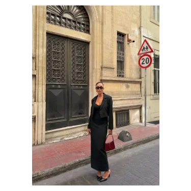 Kadın Kruvaze Detaylı Sırt Çapraz Askılı Elbise Ceket Takımı