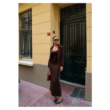 Kadın Kruvaze Detaylı Sırt Çapraz Askılı Elbise Ceket Takımı