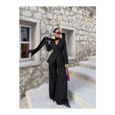 Kadın Modern Tasarım Şal Detaylı Pantolon Ceket Takımı