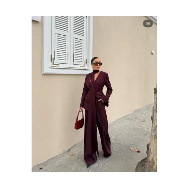 Kadın Modern Tasarım Şal Detaylı Pantolon Ceket Takımı