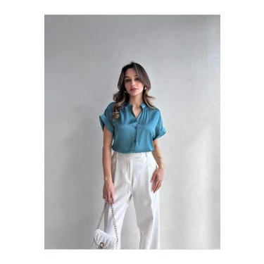 Kadın Saten Kısa Kollu Gömlek Bluz