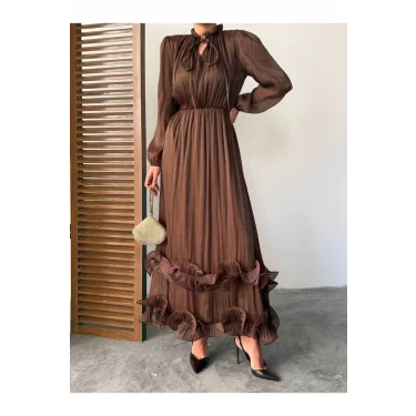 Kadın Şifon Fırfır Detaylı Hakim Yaka Bağlamalı Bel Büzgülü Lastikli Uzun Elbise