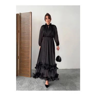 Kadın Şifon Fırfır Detaylı Hakim Yaka Bağlamalı Bel Büzgülü Lastikli Uzun Elbise