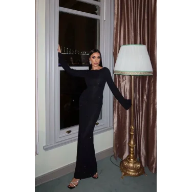 Kadın Siyah Simli Sırt Dekolteli Uzun Elbise