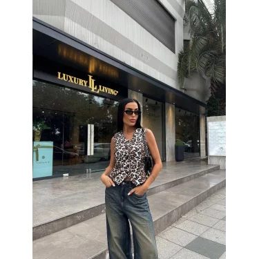 Kadın Düğmeli Klasik Leopar Desen Yelek