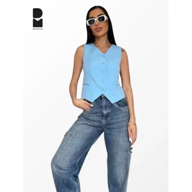 Kadın Düğmeli Klasik Mavi Yelek