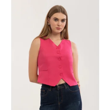 Kadın Klasik Düğmeli Pembe Yelek