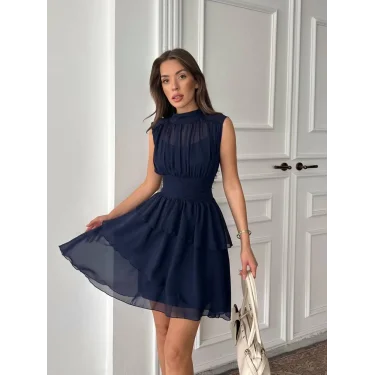 Kadın Lacivert Şifon Kumaş Mini Elbise