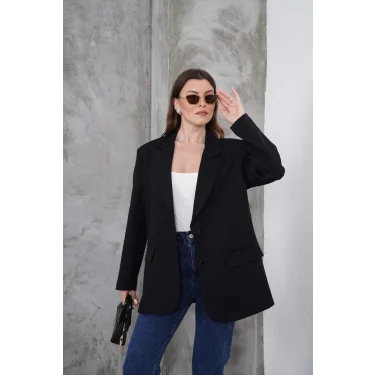 Kadın Oversize Tek Düğmeli Vatkalı Blazer Ceket