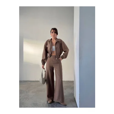 Siyah Fermuarlı Ceket & Bol Paça Pantolon Kadın Takım