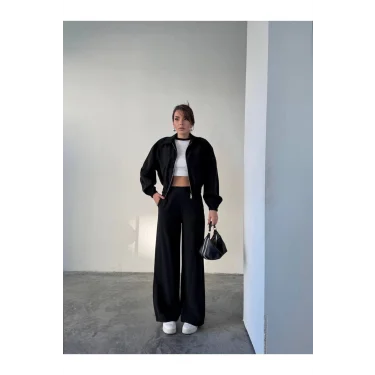 Siyah Fermuarlı Ceket & Bol Paça Pantolon Kadın Takım