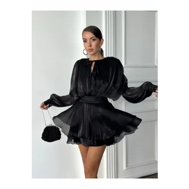 Kadın Vatkalı Jakarlı Tül Mini Elbise