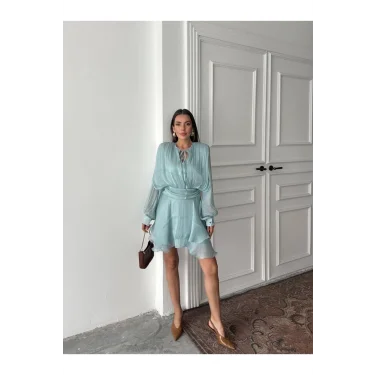 Vatkalı Jakarlı Tül Mini Elbise