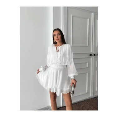 Vatkalı Jakarlı Tül Mini Elbise