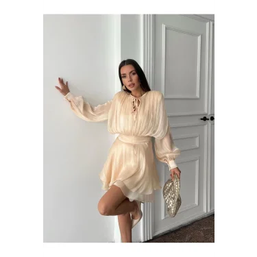 Vatkalı Jakarlı Tül Mini Elbise