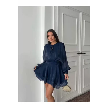 Vatkalı Jakarlı Tül Mini Elbise