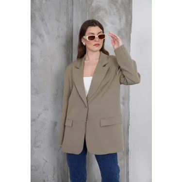 Kadın Oversize Tek Düğmeli Vatkalı Blazer Ceket
