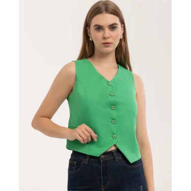 Kadın Klasik Düğmeli Yeşil Yelek