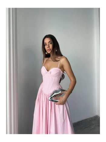 Kadın Poplin Kumaş Kurdeleli Askılı Midi Elbise