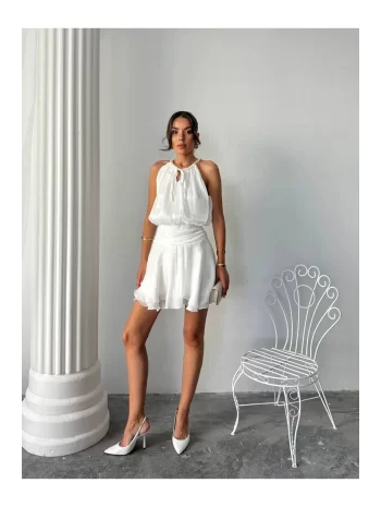 Kadın Jakarlı Boyundan Bağlamalı Mini Elbise – Mint Mavi / Beyaz / Bej – Tam Kalıp