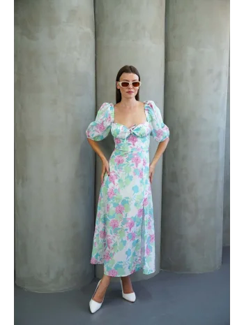 Kadın Çiçek Desnli Karpuz Kollu Yırtmaçlı Midi Elbise