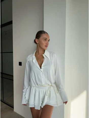 Kadın Beyaz Gömlek Yaka Volanlı Pileli Mini Elbise