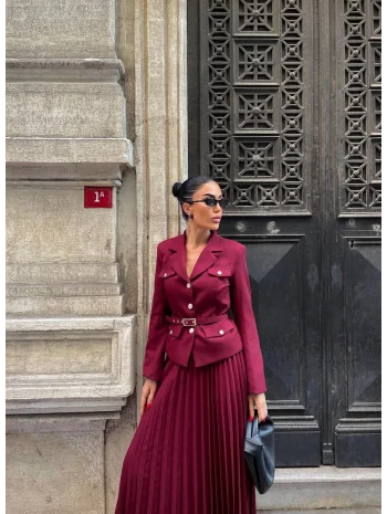 Kadın Bordo Kemerli Blazer Ceket ve Pilliseli Takım