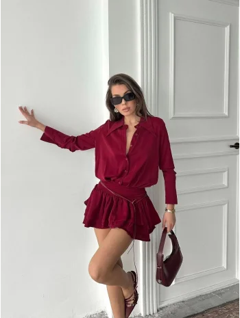 Kadın Bordo Gömlek Yaka Volanlı Pileli Mini Elbise