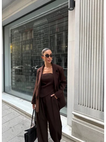 Kadın Ceket Straplez Bluz ve Palazzo Pantolon 3lü Takım