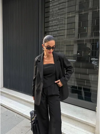 Kadın Ceket Straplez Bluz ve Palazzo Pantolon 3lü Takım