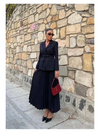 Kadın Belden Kemerli Şık Takım-Blazer&Piliseli Etek