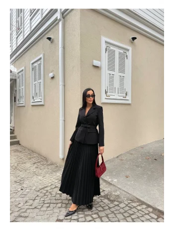 Kadın Belden Kemerli Şık Takım-Blazer&Piliseli Etek