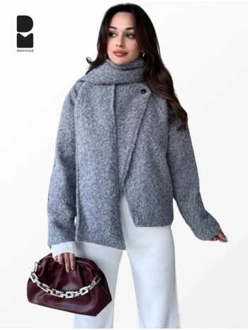 Kadın Gri Atkılı Düğmeli Marka Model Kışlık Mont