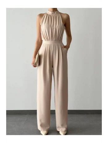 Kadın Halter Yaka Krep Kumaş Tulum