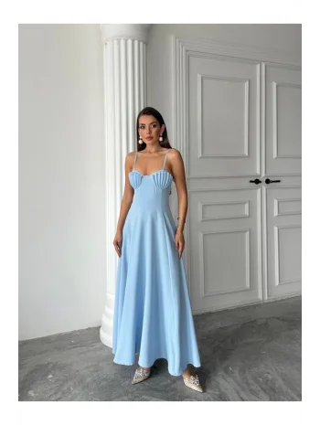 Kadın İstiridye Göğüs Detaylı Uzun Askılı Elbise