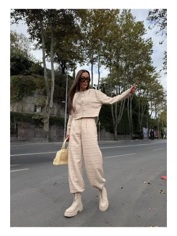 Kadın Kapitone Dokulu Oversize Ceket Pantolon Takım