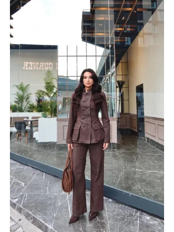 Kadın Koyu Kot Bel Oturtmalı Düğmeli Ceket Pantolon Takım